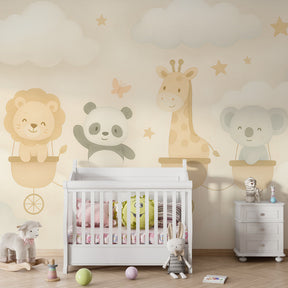 Whimsical cloud animal mural wallpaper transforming kids room into dreamy sanctuary