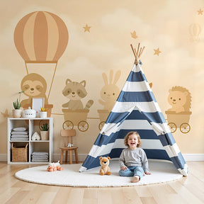 Animal adventure mural wallpaper with train and balloon in modern baby nursery by Kids-Mundo
