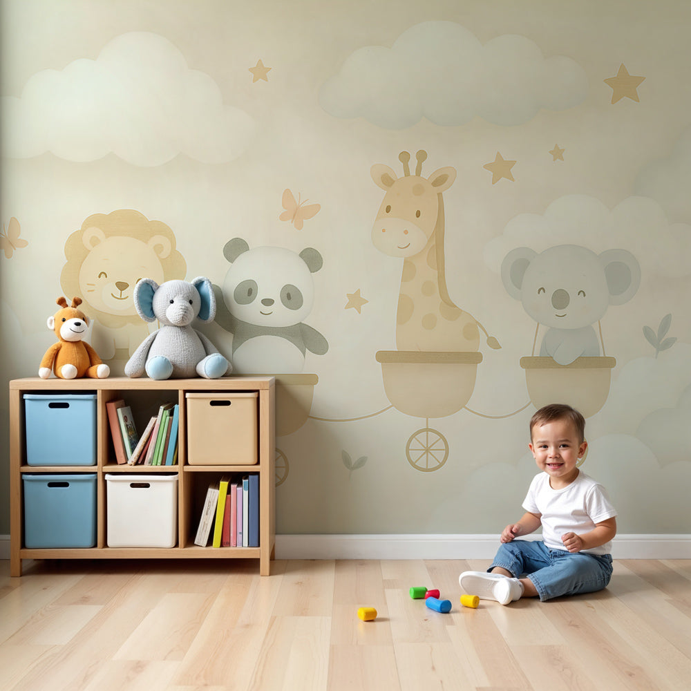 Animal adventure mural wallpaper in modern nursery with floating animals and clouds by Kids-Mundo