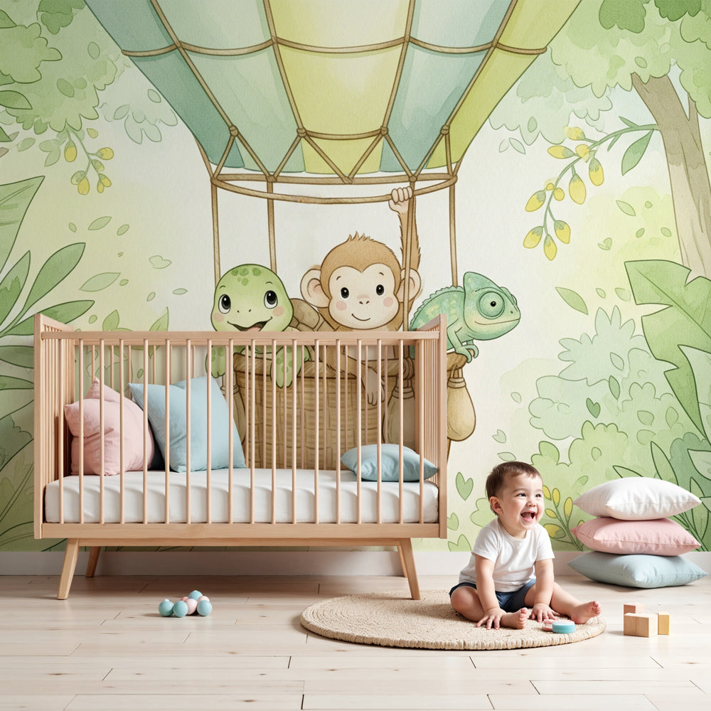 Animal adventure hot air balloon mural wallpaper in modern nursery with natural wood furniture by Kids-Mundo
