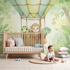 Animal adventure hot air balloon mural wallpaper in modern nursery with natural wood furniture by Kids-Mundo