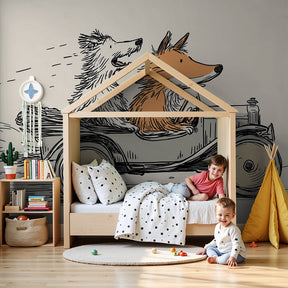 Animal adventure mural wallpaper with dog and fox in vintage car decorating modern nursery by Kids-Mundo
