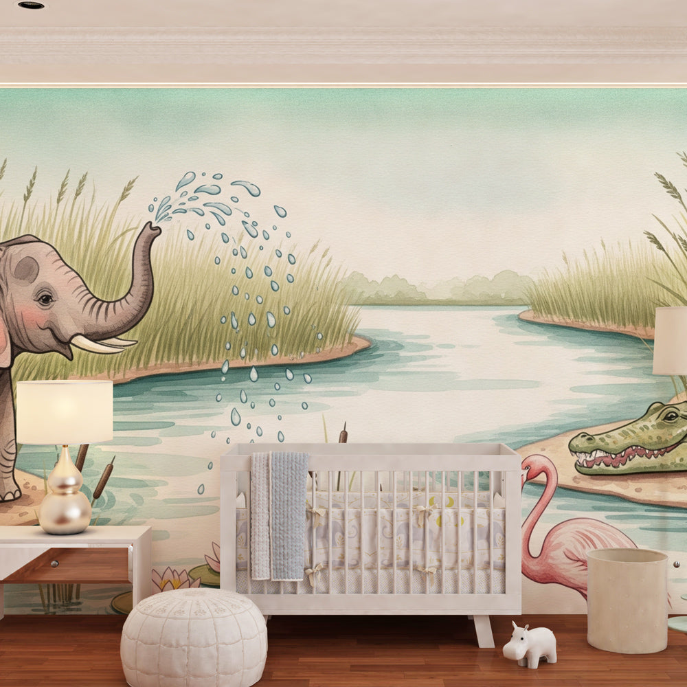 Wildlife mural wallpaper transforming playroom into nature sanctuary with pond animals
