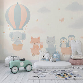 Whimsical cloud adventure wallpaper transforming kids playroom into sky journey
