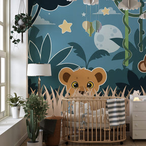 Safari animal mural wallpaper creating magical adventure atmosphere in kids playroom