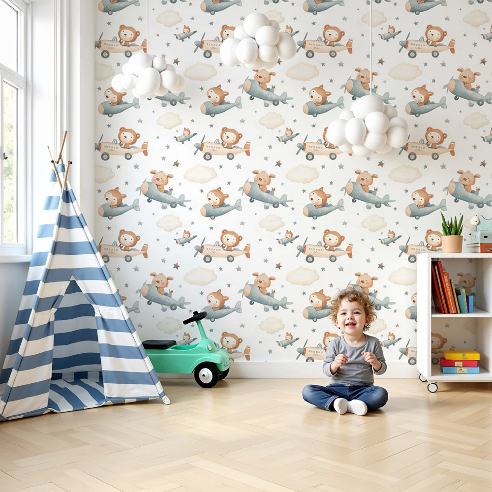 Animal airplane mural wallpaper creating magical nursery with flying lions and puppies by Kids-Mundo