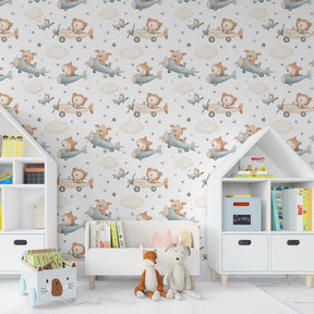Adventure themed mural wallpaper with animal pilots and clouds for children's playroom decor