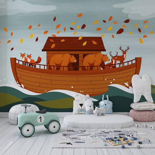 Animal ark wall mural by Kids-Mundo covering a wall behind a single bed in a kids bedroom