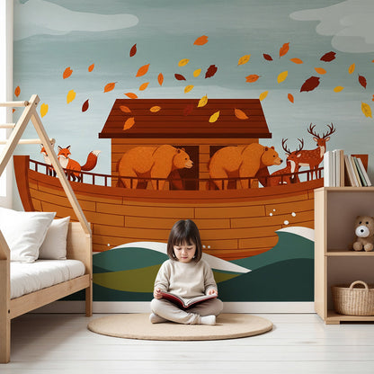 Kids-Mundo woodland animal ark wall mural in a soft grey nursery with a wooden cot