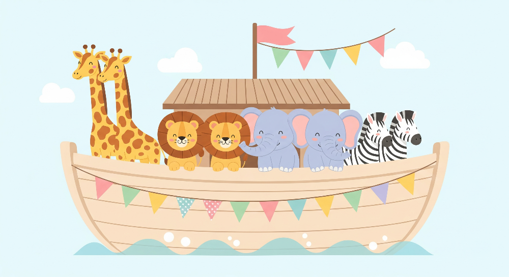 Kids-Mundo animal ark wall mural artwork with giraffes, lions, elephants and zebras