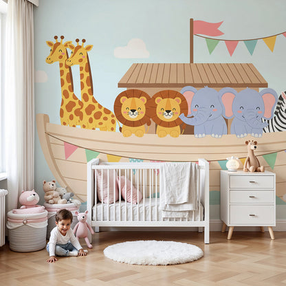 Kids-Mundo animal ark wall mural with giraffes and lions in a bright nursery room
