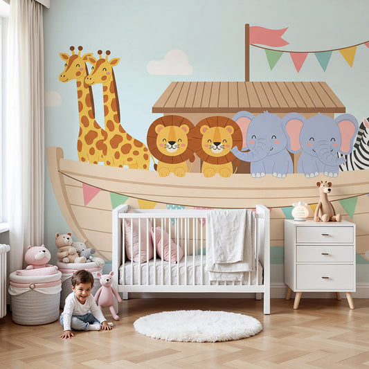 Kids-Mundo animal ark wall mural with giraffes and lions in a bright nursery room
