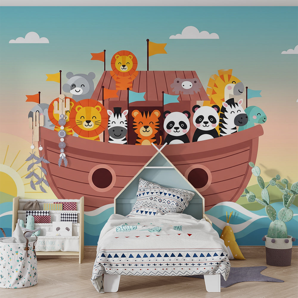 Kids-Mundo animal ark boat wall mural behind a bed in a colourful kids bedroom