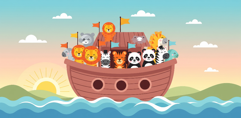 Flat artwork of the Kids-Mundo animal ark boat wall mural showing sunrise and animals on board