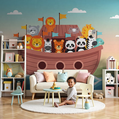 Animal ark boat wall mural by Kids-Mundo styled in a bright, playful nursery