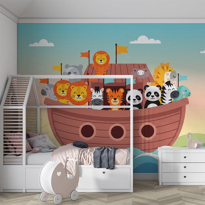 Animal ark boat ocean wall mural by Kids-Mundo in a storytime playroom corner