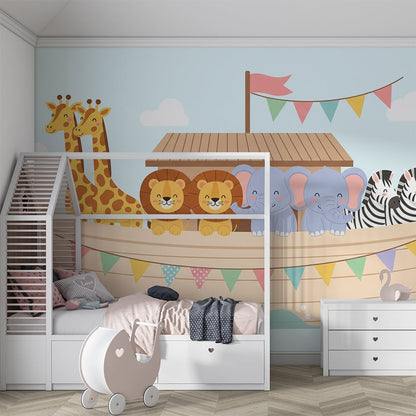 Kids-Mundo animal ark wall mural decorating a colourful children's playroom wall