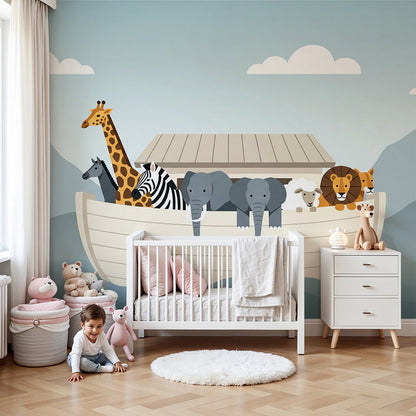 Kids-Mundo giraffe and elephant ark boat wall mural in a calm blue nursery room