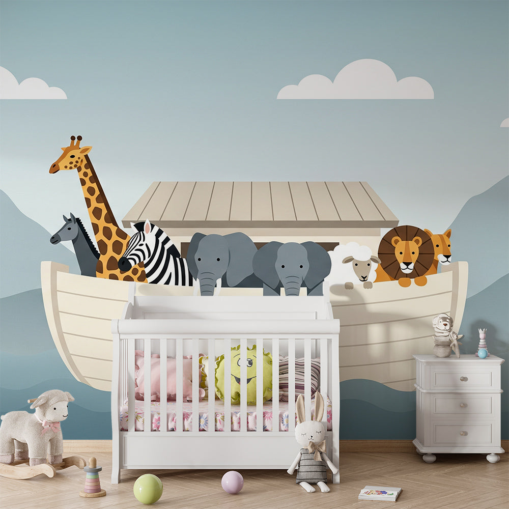Kids-Mundo giraffe, zebra and lion ark boat wall mural in a children's playroom
