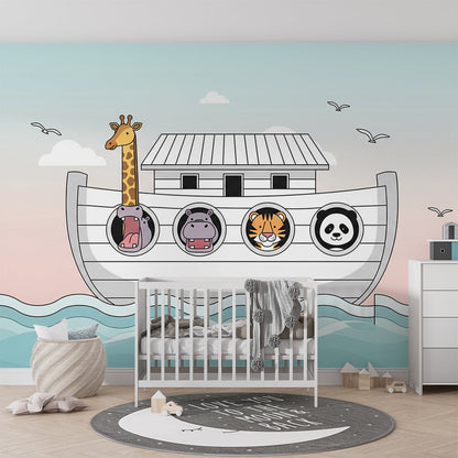 Kids-Mundo animal ark wall mural with porthole friends in a calm kids bedroom
