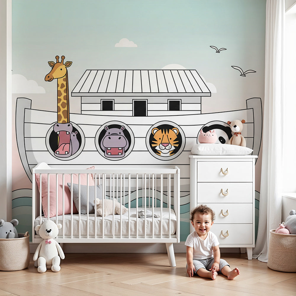Kids-Mundo hippo, giraffe, tiger and panda ark wall mural in a soft pastel nursery
