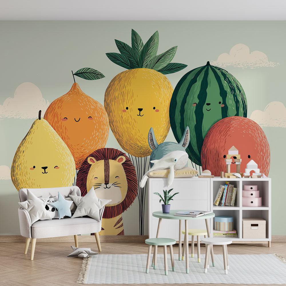 Colorful fruit balloon wallpaper creating playful kids bedroom atmosphere with safari animals
