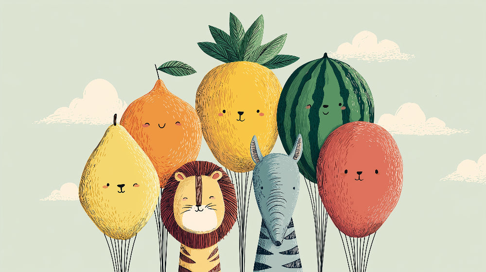 Detailed animal balloon mural wallpaper design pattern with lion, zebra and fruit balloons by Kids-Mundo