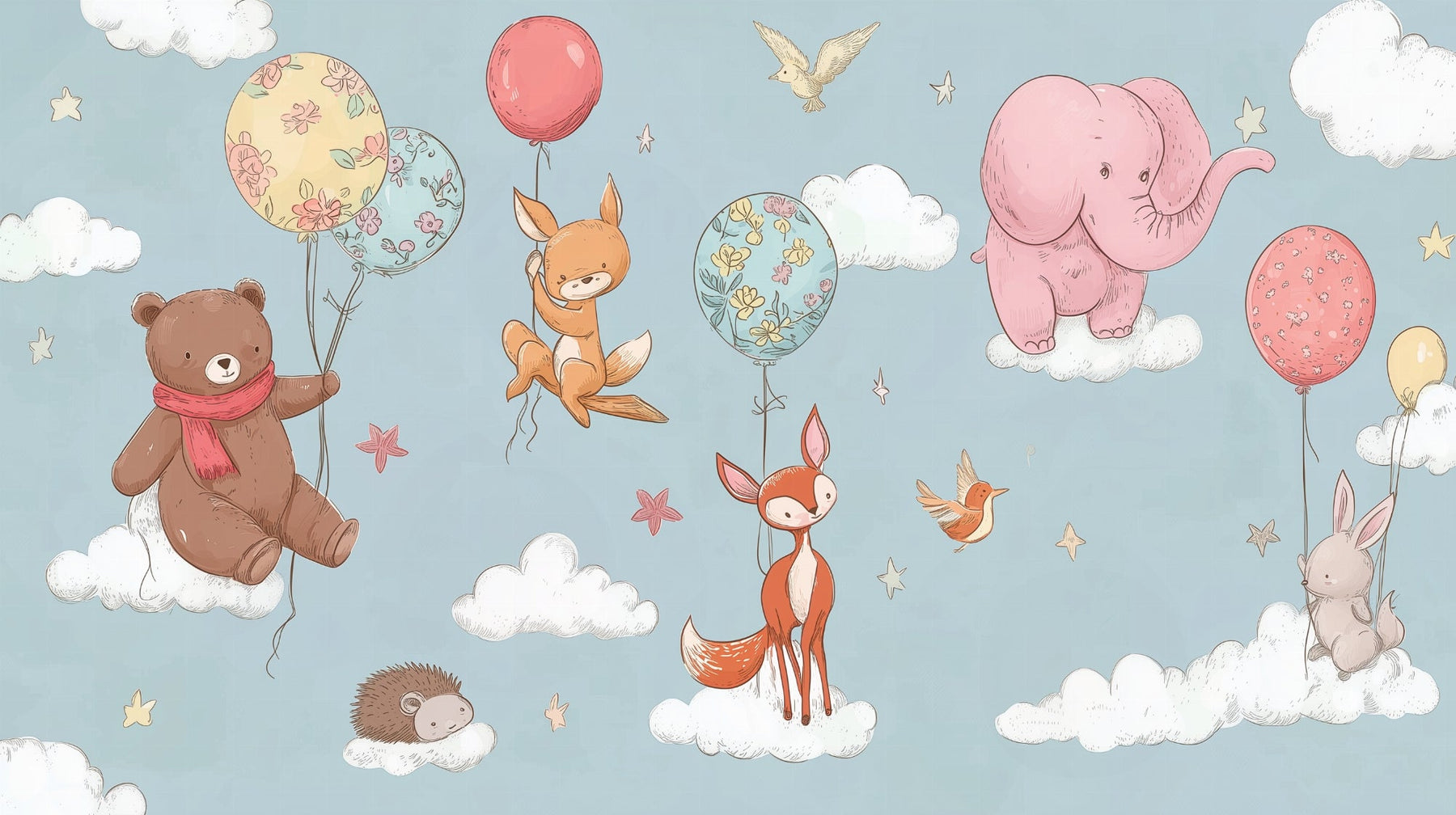 Detailed animal balloon mural wallpaper design pattern showing bear fox rabbit on clouds by Kids-Mundo