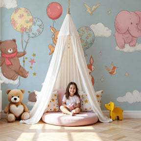 Animal balloon mural wallpaper in modern nursery showing woodland creatures floating on clouds by Kids-Mundo
