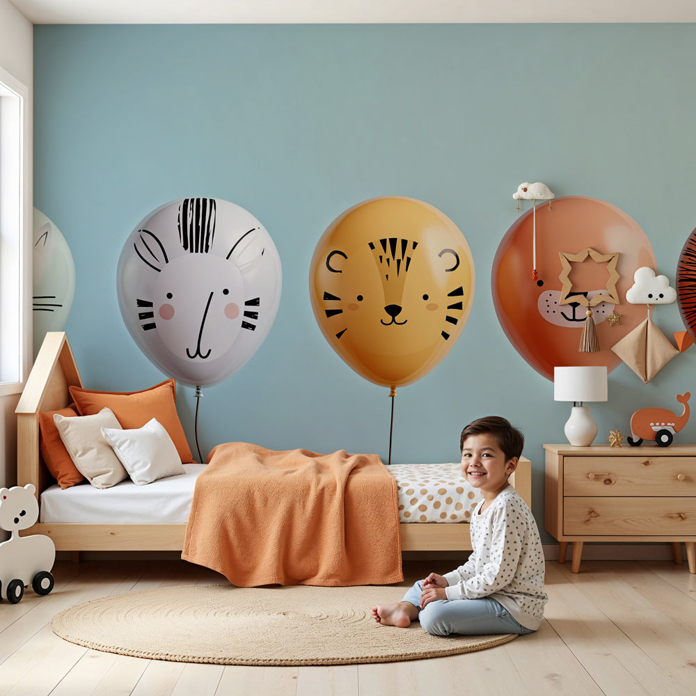 Animal balloon mural wallpaper in bright nursery with colorful floating animal characters by Kids-Mundo