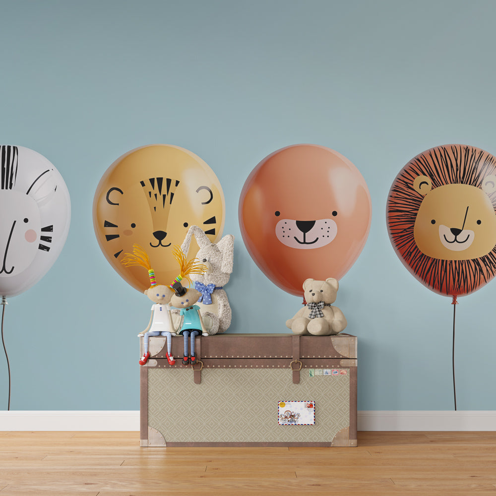 Whimsical animal balloon mural wallpaper transforming playroom into festive adventure space