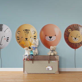 Whimsical animal balloon mural wallpaper transforming playroom into festive adventure space