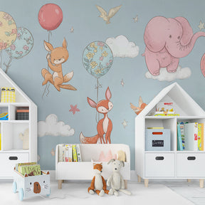 Whimsical balloon animal mural wallpaper transforming toddler room into peaceful sky adventure space