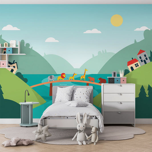 Kids-Mundo animal parade wall mural made to measure on a feature wall in a kids bedroom