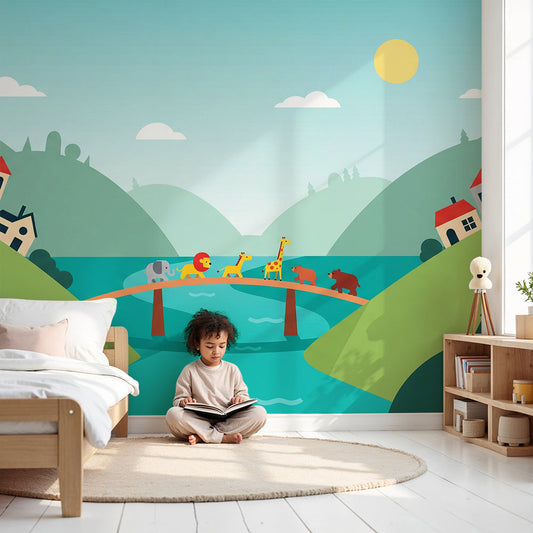 Kids-Mundo animal bridge wall mural made to measure in a bright kids nursery room