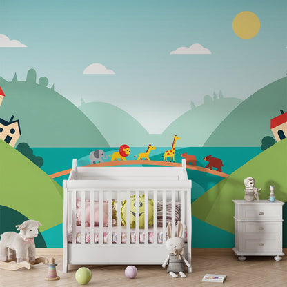 Kids-Mundo animals crossing the bridge mural made to measure, styled on a playroom wall