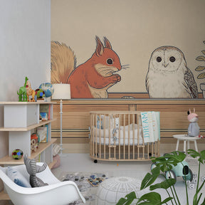Cute woodland animal wallpaper creating cozy kids bedroom atmosphere with beige tones