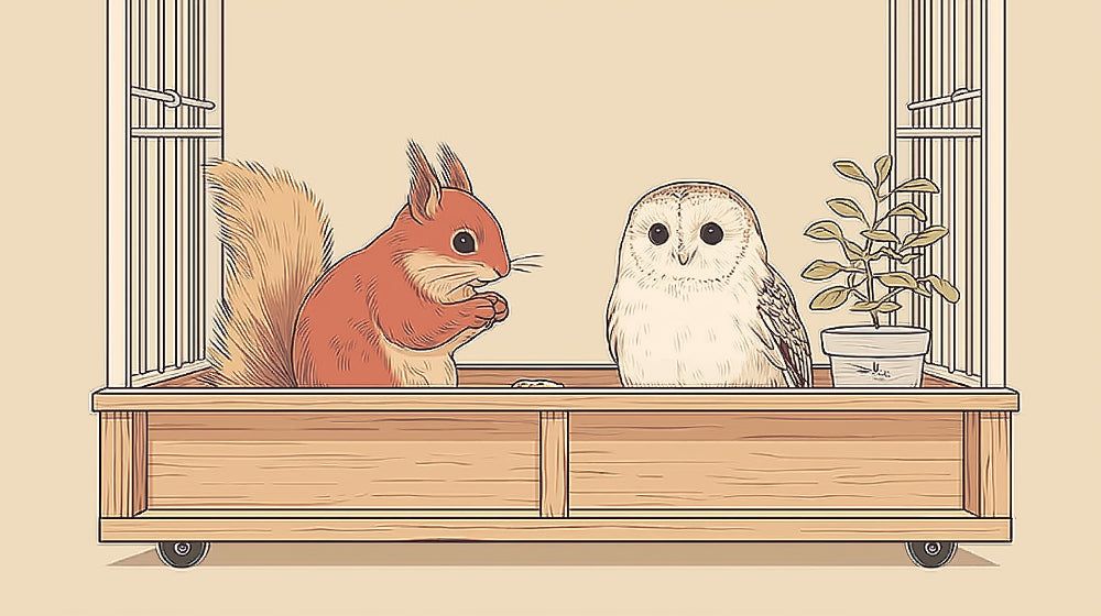 Detailed animal cage mural wallpaper design pattern showing squirrel and owl by Kids-Mundo