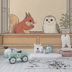 Squirrel and owl mural wallpaper transforming children's room into woodland sanctuary