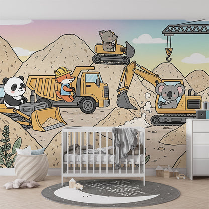 Kids-Mundo animal construction site wall mural on a feature wall in a lively kids bedroom