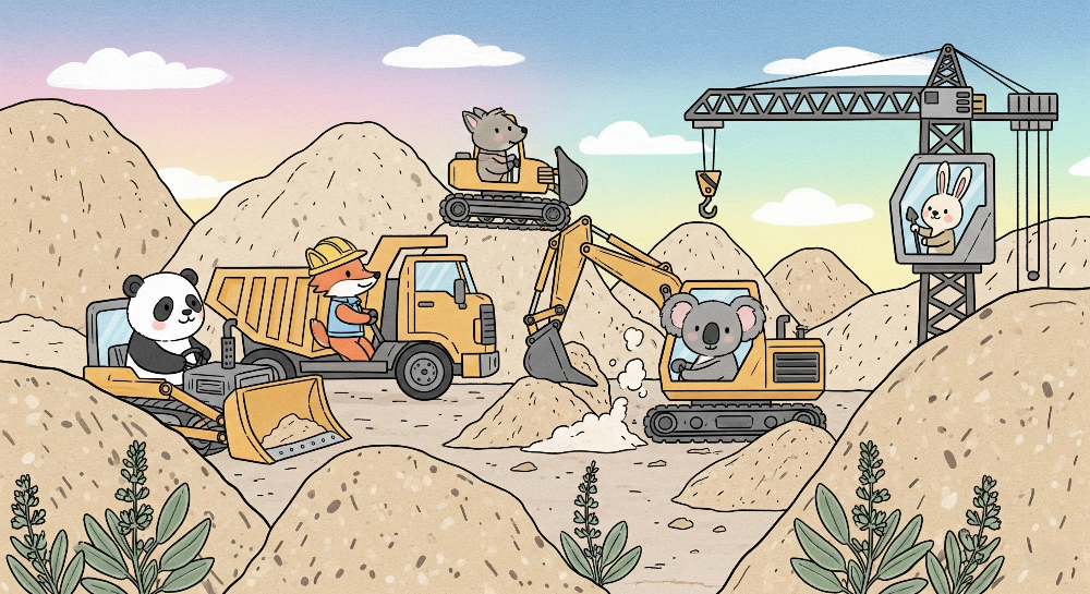 Kids-Mundo flat artwork of a panda, fox, koala and rabbit driving diggers on a building site