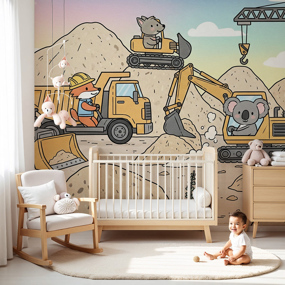 Kids-Mundo animal diggers construction site wall mural styled in a bright, playful nursery