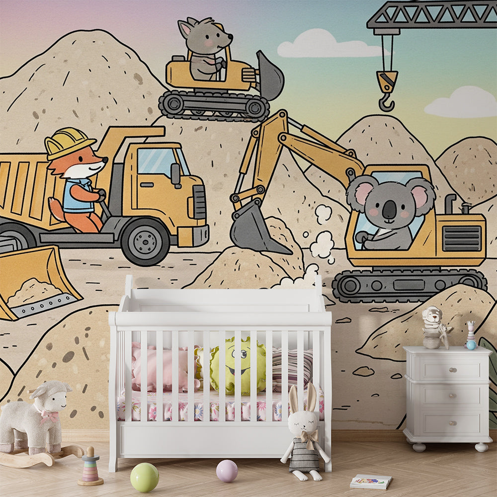 Kids-Mundo animal diggers wall mural filling a busy, cheerful children's playroom wall