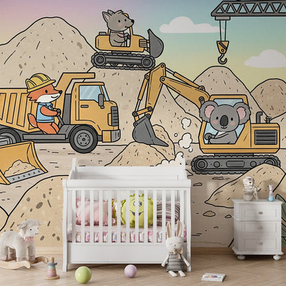 Kids-Mundo animal diggers wall mural filling a busy, cheerful children's playroom wall