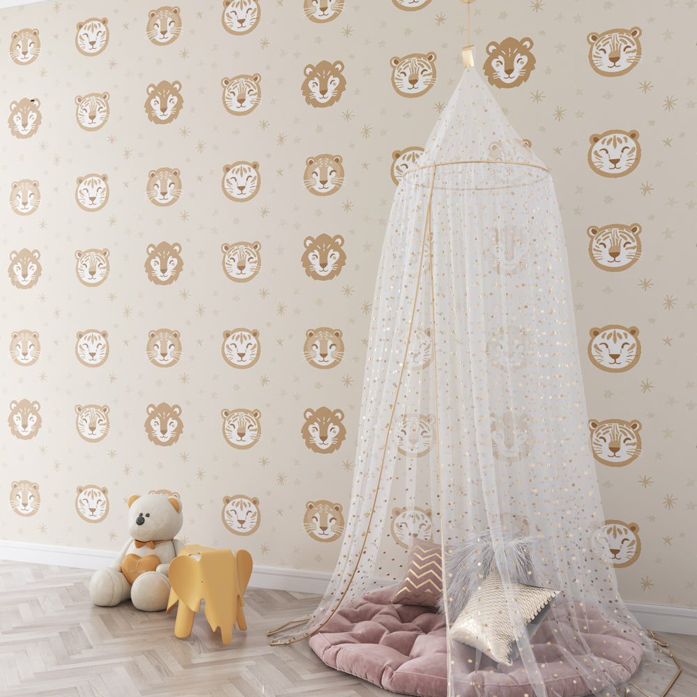 Safari animal wallpaper creating cozy children's bedroom with warm beige and gold tones