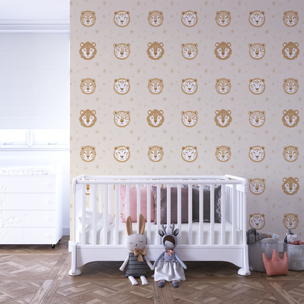 Gentle animal face wallpaper transforming kids playroom with magical star details