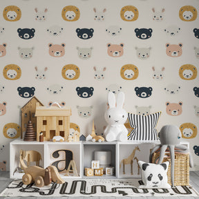 Adorable animal heads wallpaper in modern kids bedroom with pastel colors by Kids-Mundo
