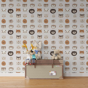 Pastel animal wallpaper in modern kids bedroom with wooden furniture and soft lighting decor