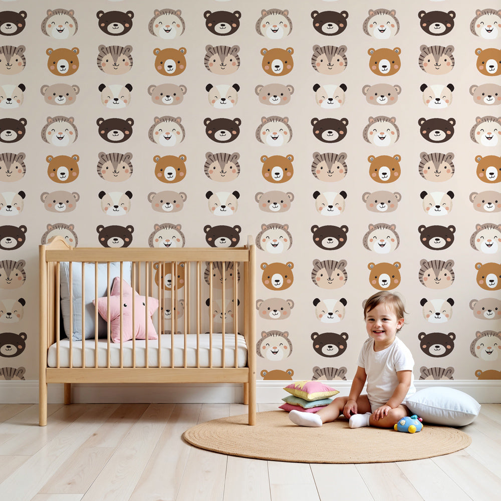 Cartoon animal faces mural wallpaper in cozy nursery setting by Kids-Mundo