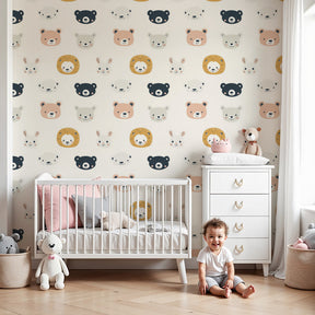 Animal faces mural wallpaper creating cheerful nursery decor with colorful animal heads by Kids-Mundo